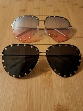 🔥BOGO! 2-Pack Designer Inspired Studded Aviators, Black & Gray/Pink, Gold Studs